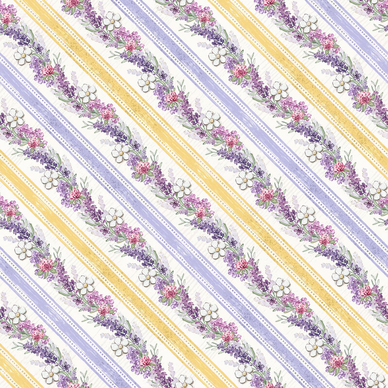 alternating diagonal rows of floral garlands and ticking tape style strips of pink and yellow on a textured white background.