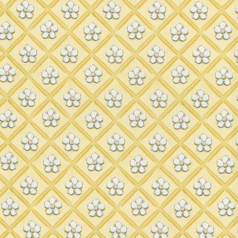 textured light yellow fabric featuring daisies in a yellow lattice grid