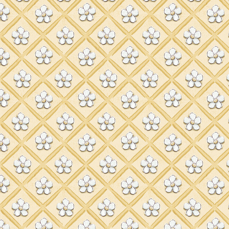 textured light yellow fabric featuring daisies in a yellow lattice grid