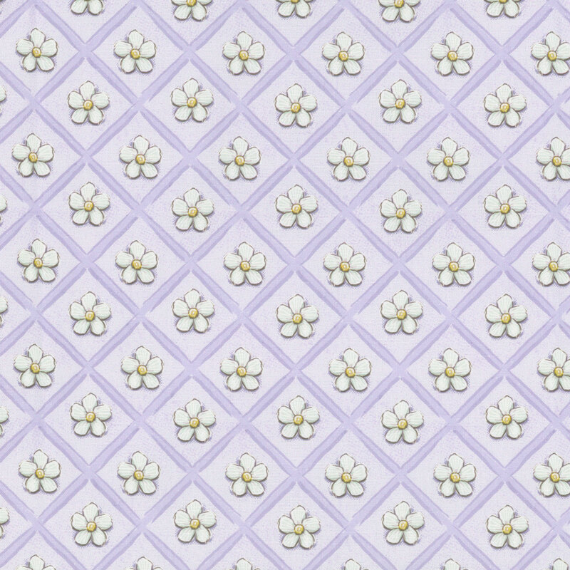 textured light purple fabric featuring daisies in a violet lattice grid