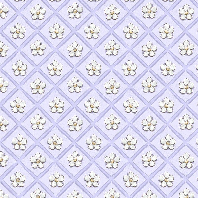 textured light purple fabric featuring daisies in a violet lattice grid