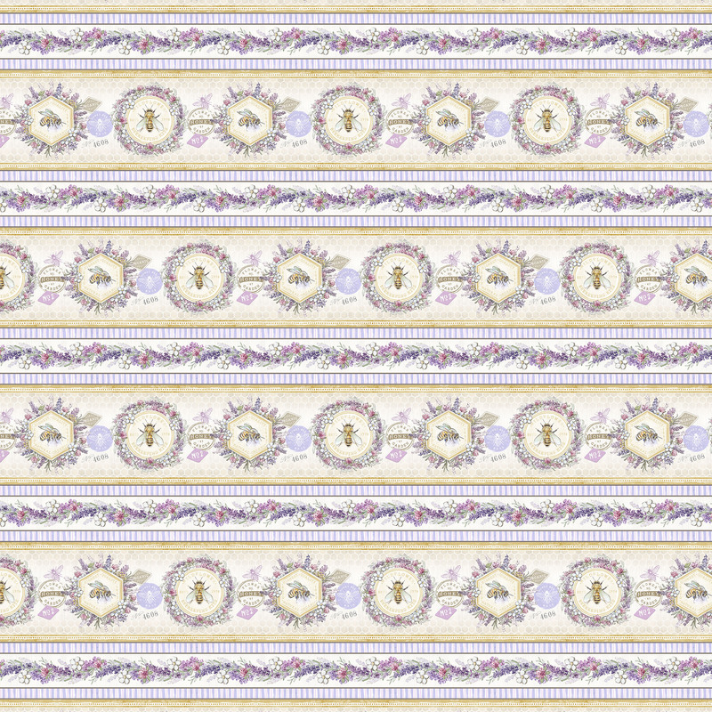 Border stripe featuring alternating rows of bees in floral medallions and floral garlands on white fabric.