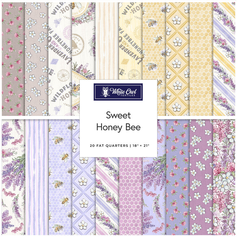 Digital collage of fabrics included in the Sweet Bee Honey collection with gray, cream, yellow, and lilac fabrics featuring bees and blooms.