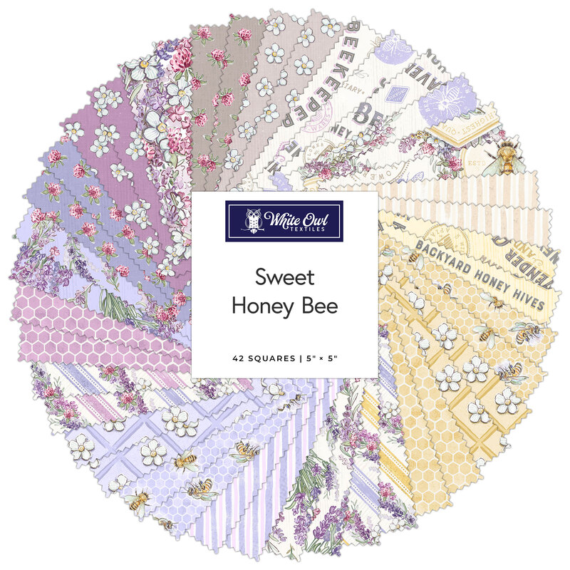 Collage of fabric strips in gray, white, yellow, and lilac featuring bees and florals arranged in a circular pattern, labeled Sweet Honey Bee by White Owl Textiles.