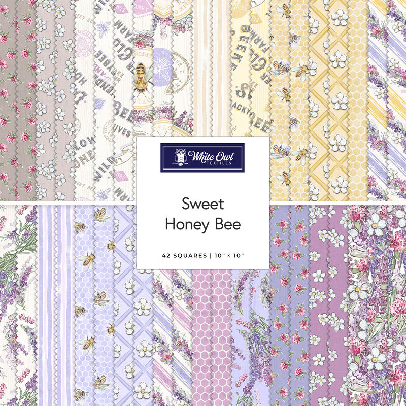 Two rows of patterned fabric swatches in gray, cream, yellow, and lilac with bees and blooms, labeled Sweet Honey Bee by White Owl Textiles.