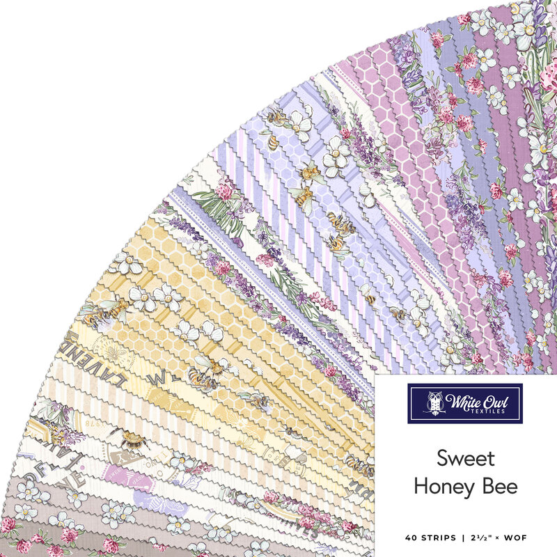 Collage of fabric strips in gray, white, yellow, and lilac featuring bees and florals in a circular display, labeled Sweet Honey Bee by White Owl Textiles.