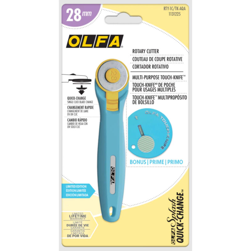 Rotary cutter package featuring a 28mm OLFA cutter with a blue and yellow handle, labeled for multi-purpose use.