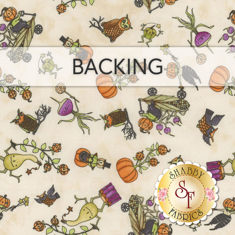 A swatch of cream fabric with small tossed owls, pumpkins, and fall motifs on a mottled background. A banner at the top reads 