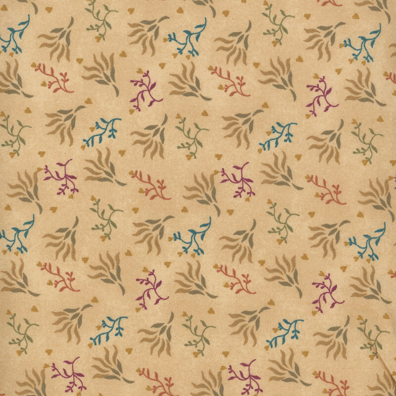 Mottled tan fabric with tossed sprigs, hearts, and flowers.