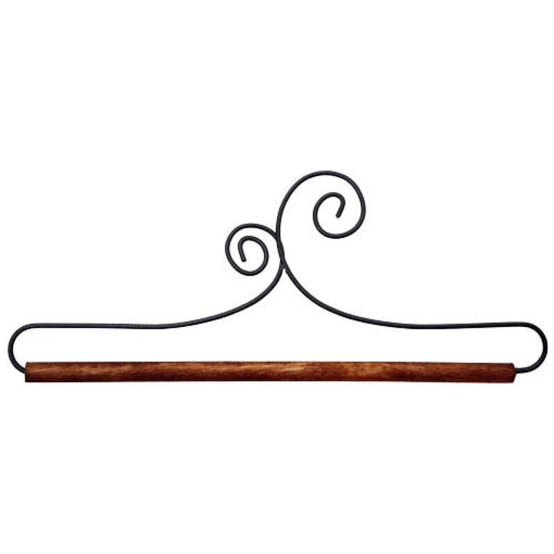 A metal craft holder of a double scroll with a wooden dowel.