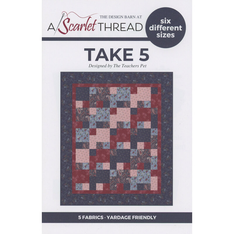 A quilt pattern cover titled Take 5 featuring a patchwork quilt design with text details.