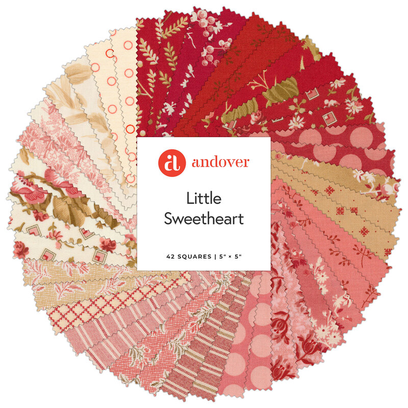 A spiral collage of the red, pink, cream, and tan fabrics included in the Little Sweetheart 5