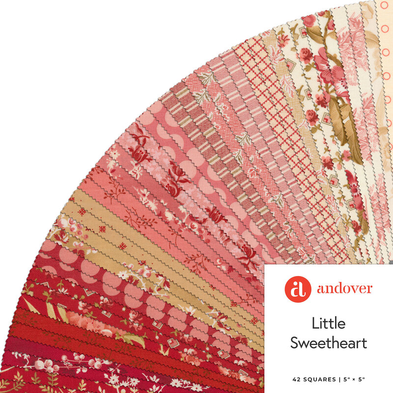 A fan of fabric squares in various shades of pink and red, labeled Little Sweetheart by Andover.
