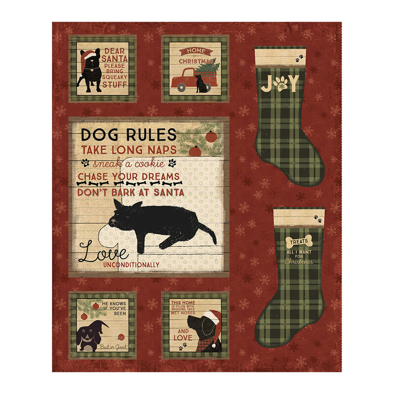 A red fabric panel with scattered tonal snowflakes, green checked stockings, black dogs and text that reads 