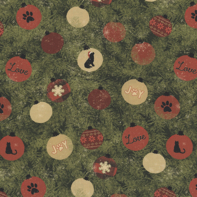 Dark green fabric with evergreen branches and scattered, pet-themed Christmas ornaments in beige and red.
