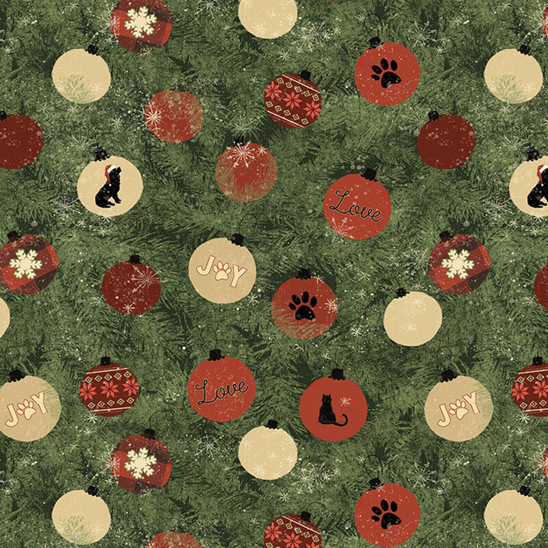 Dark green fabric with evergreen branches and scattered, pet-themed Christmas ornaments in beige and red.