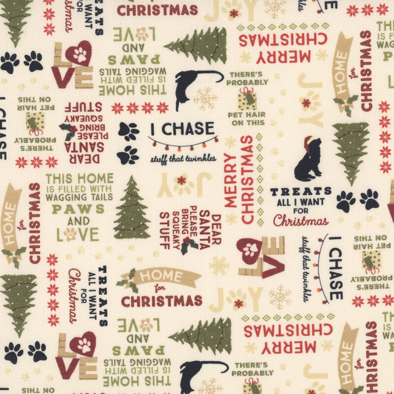 Cream fabric with red, green, and black text celebrating Christmas and pets. 