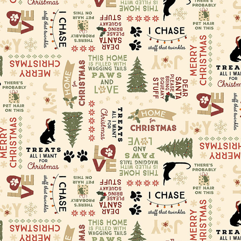 Cream fabric with red, green, and black text celebrating Christmas and pets. 