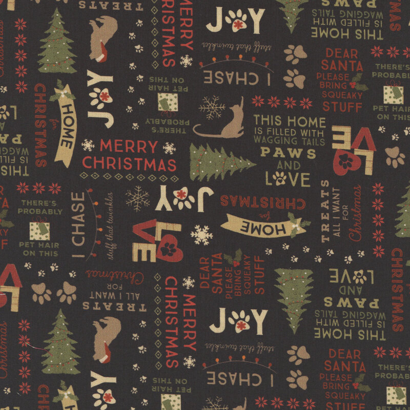 Black fabric with red, green, and beige text celebrating Christmas and pets. 