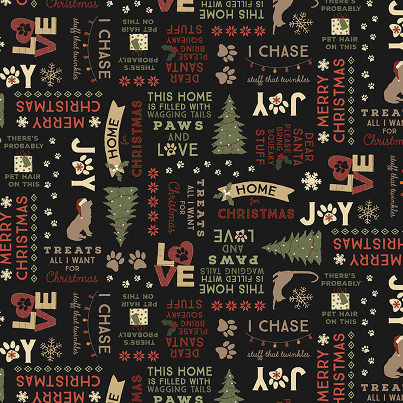 Black fabric with red, green, and beige text celebrating Christmas and pets. 