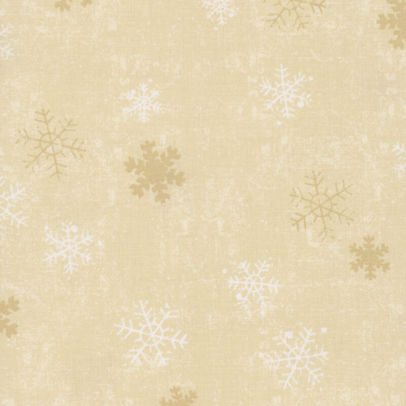 Cream mottled fabric with scattered beige and white snowflakes. 