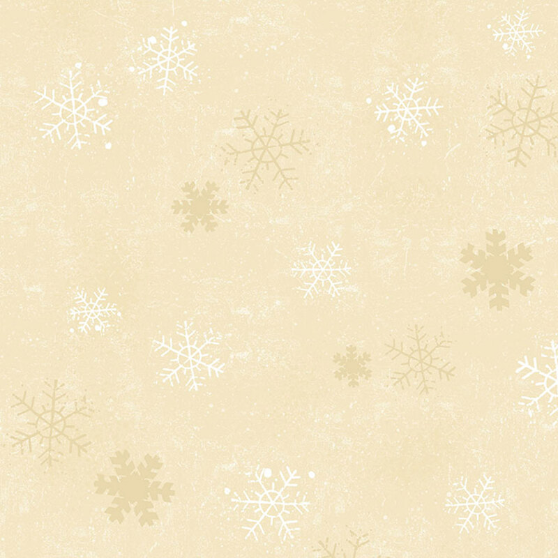 Cream mottled fabric with scattered beige and white snowflakes. 