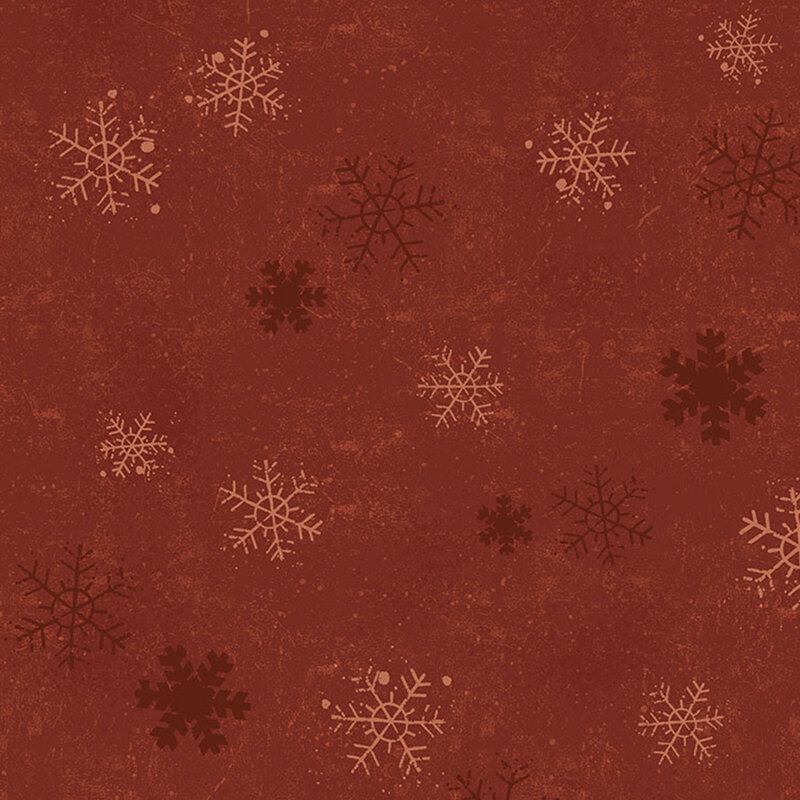 Crimson mottled fabric with scattered maroon and beige snowflakes.