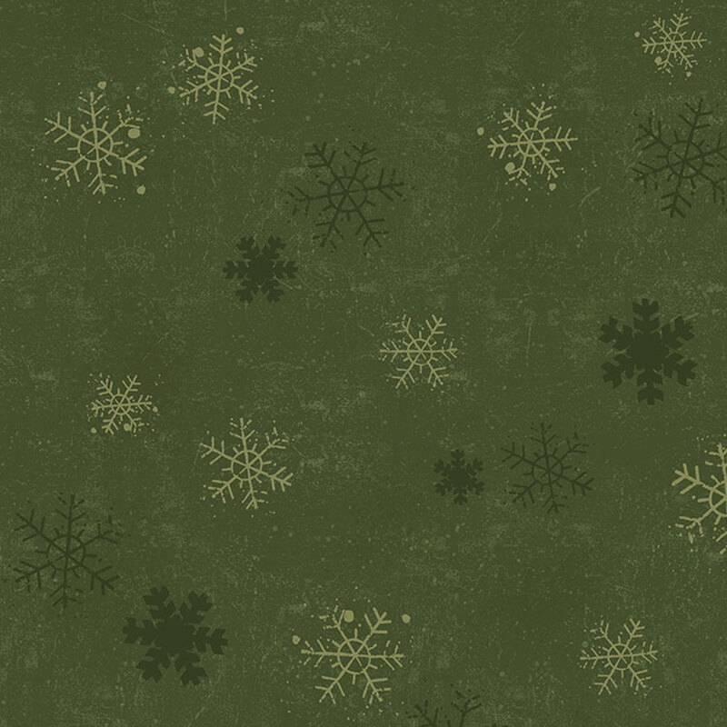 Moss green mottled fabric with light and dark green snowflakes.