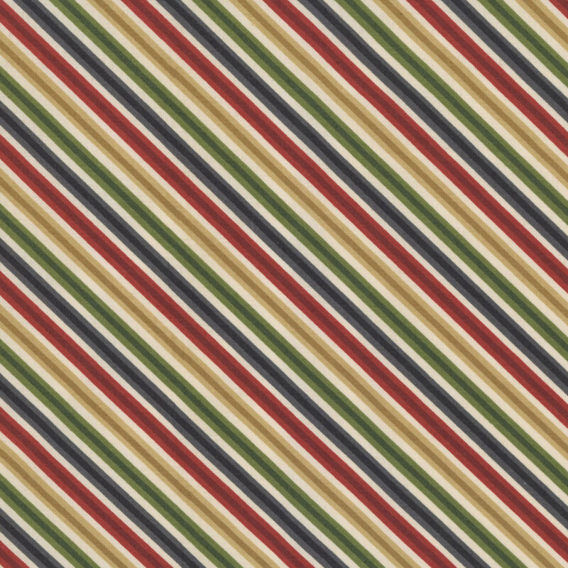 Cream fabric with diagonal, two-toned beige, red, navy, and green stripes. 