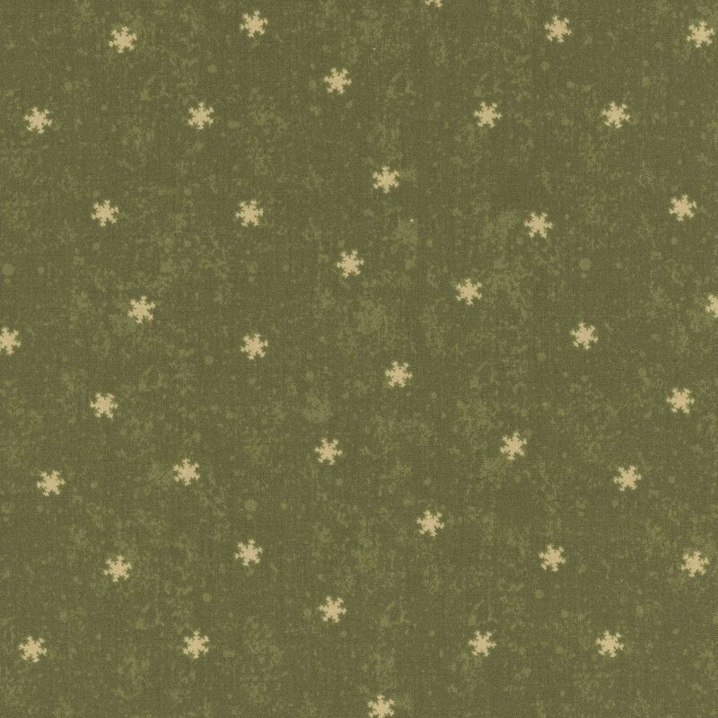 Olive green mottled fabric with scattered cream snowflakes.