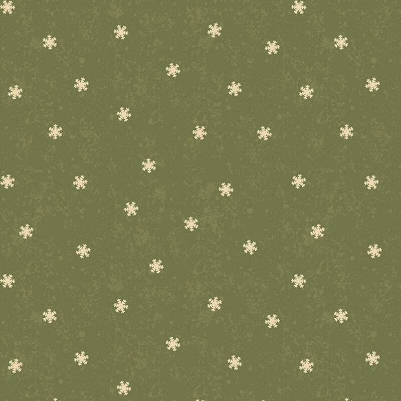Olive green mottled fabric with scattered cream snowflakes.