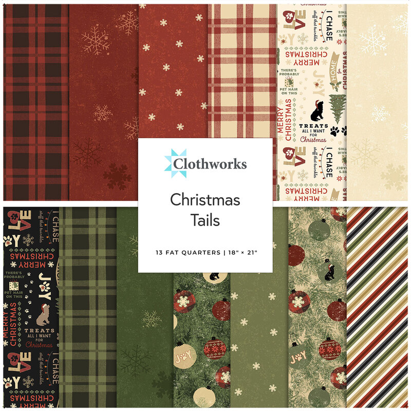 A collage of Christmas fabrics featuring pet motifs, in red, green, cream and black.