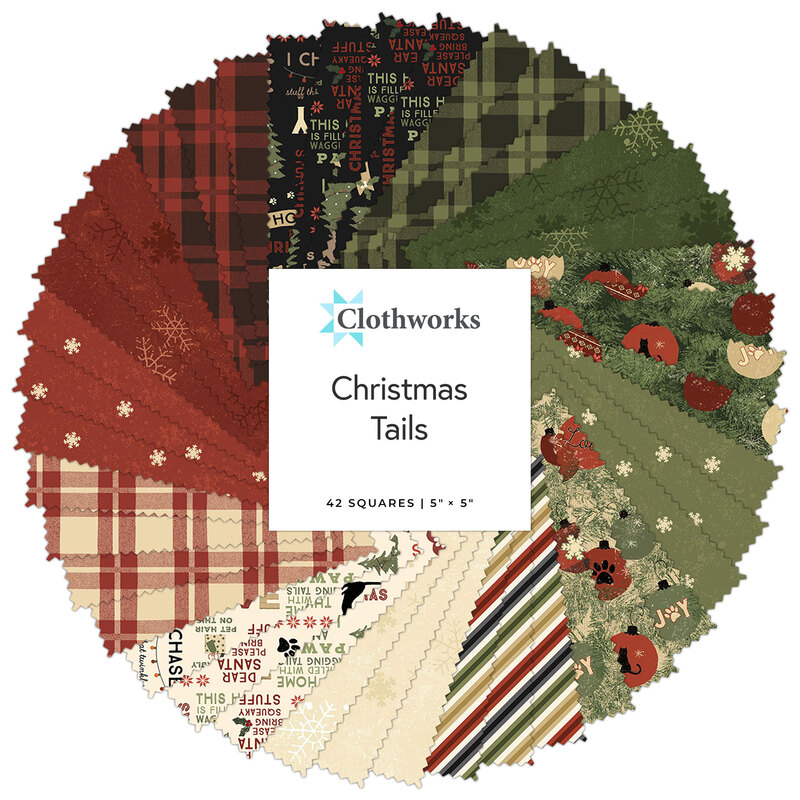 A circular display of 42 fabrics in red, green and cream pet-themed Christmas patterns. 