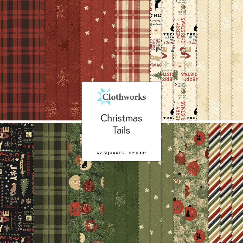 A collection of 42 fabric swatches in red, green and cream pet-themed Christmas patterns. 