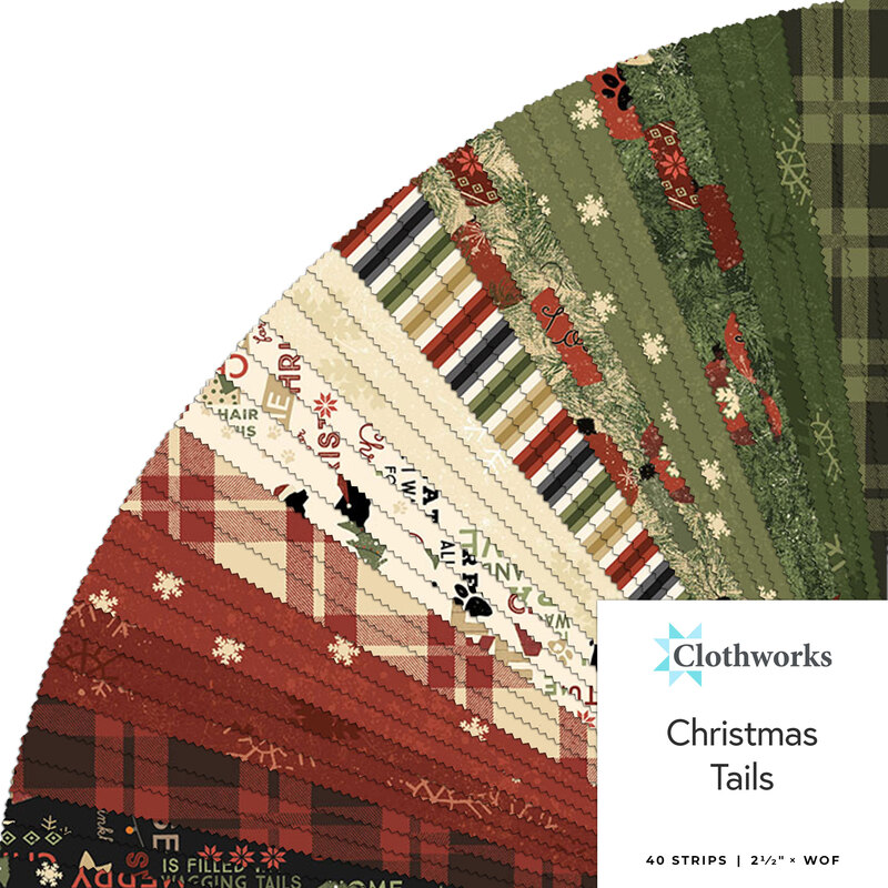 Fanned out collage of red, cream and green fabrics featured in the Christmas Tails Collection.
