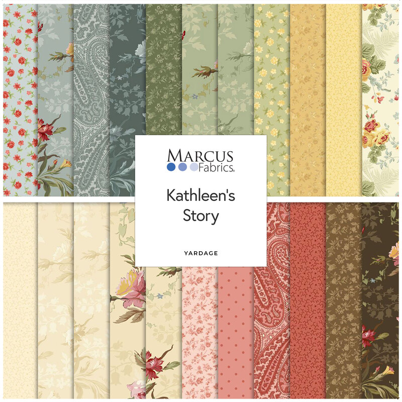 A collage of vintage floral fabrics in pastel blue, yellow, cream, pink, and muted brown. 