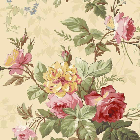 Cream-beige fabric with a vintage floral pattern featuring yellow and pink roses. 