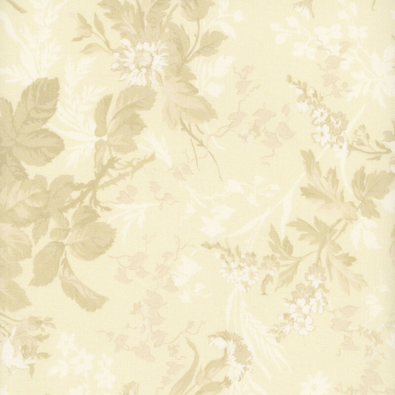 Cream fabric with a monotone floral pattern in off-white and beige. 