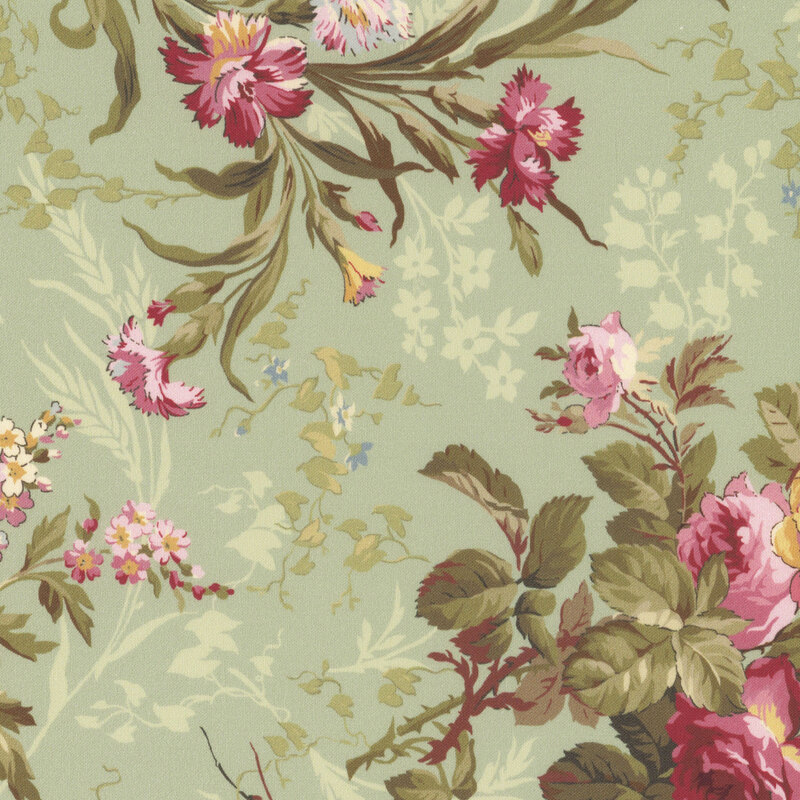 Sage green fabric with a vintage floral pattern featuring yellow and pink roses.  