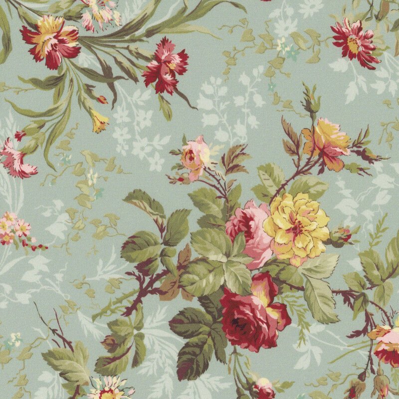 Light turquoise fabric with a vintage floral pattern featuring yellow and pink roses. 