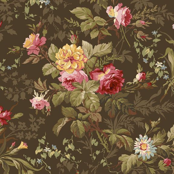 Deep chestnut fabric with a vintage floral pattern featuring yellow and pink roses. 