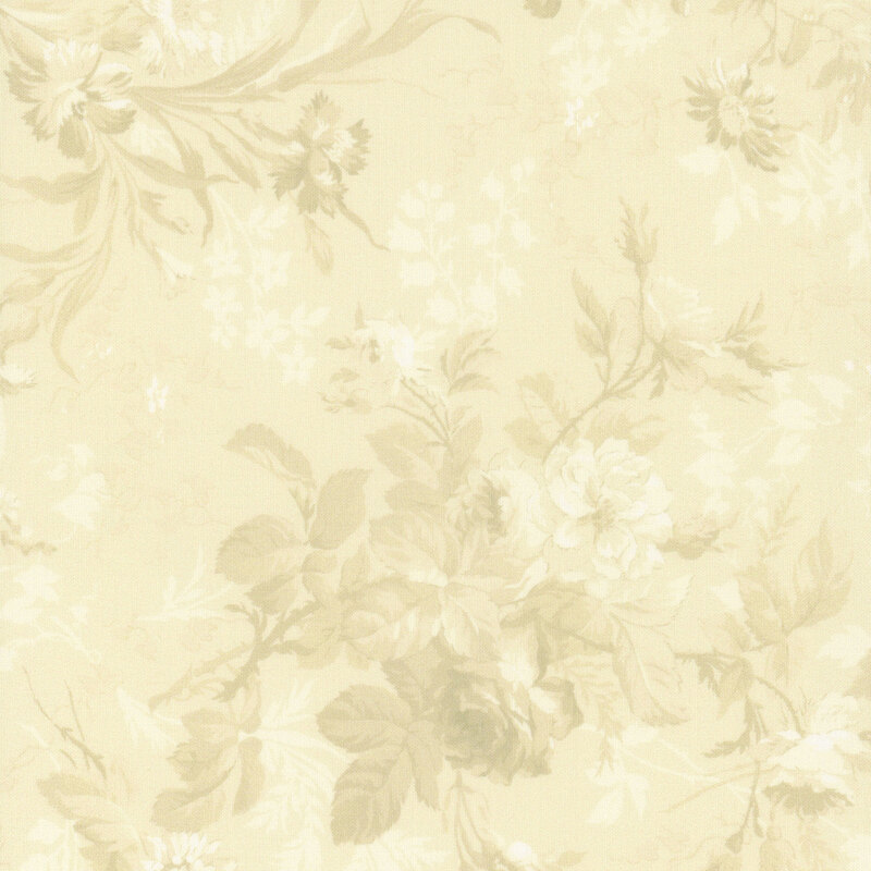 Cream fabric with a monotone floral pattern in off-white and beige. 