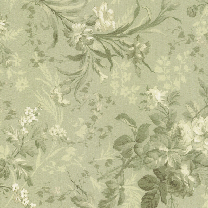 Sage green fabric with a monotone floral pattern in light and dark green.