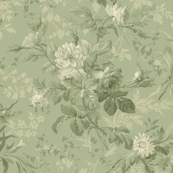 Sage green fabric with a monotone floral pattern in light and dark green.