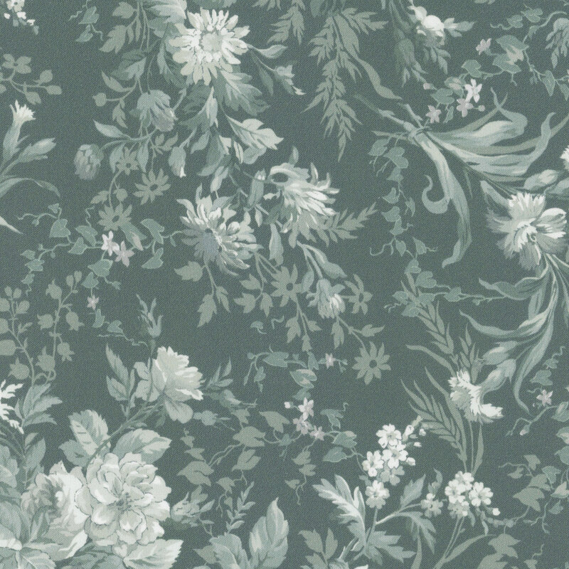 Gray turquoise fabric with light teal monotone floral pattern.