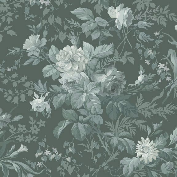 Gray turquoise fabric with light teal monotone floral pattern.