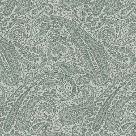 Light turquoise fabric with a muted teal paisley pattern. 