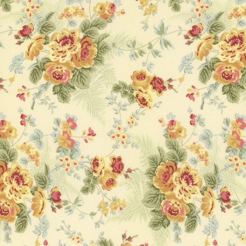 Pale yellow fabric with a vintage floral pattern, featuring yellow roses and green leaves.