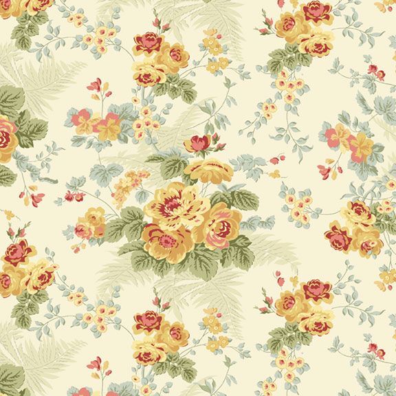 Cream fabric with a vintage floral pattern, featuring yellow roses and green leaves.