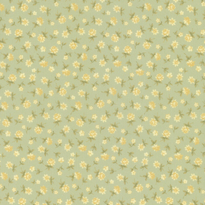 Sage green fabric with a pale yellow floral calico pattern. 